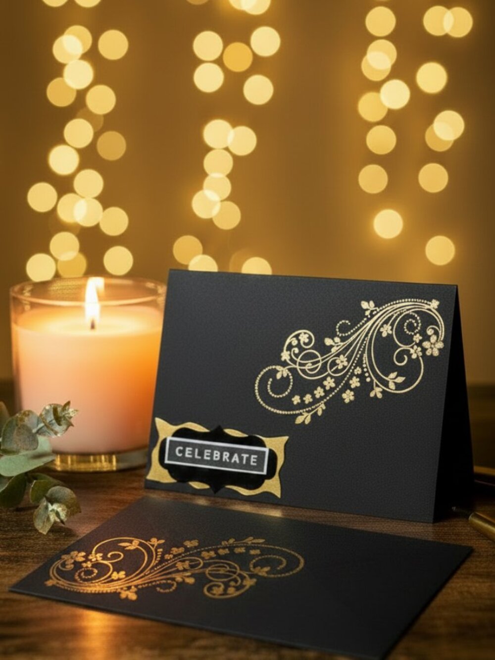 Handmade Celebrate Card | Black & Gold Floral Scroll Greeting Card | Elegant